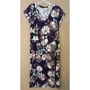 J.Jill Vista A-Line Eggplant FloralPrint Midi Dress V Neck W/ Pockets Rayon Sz S
